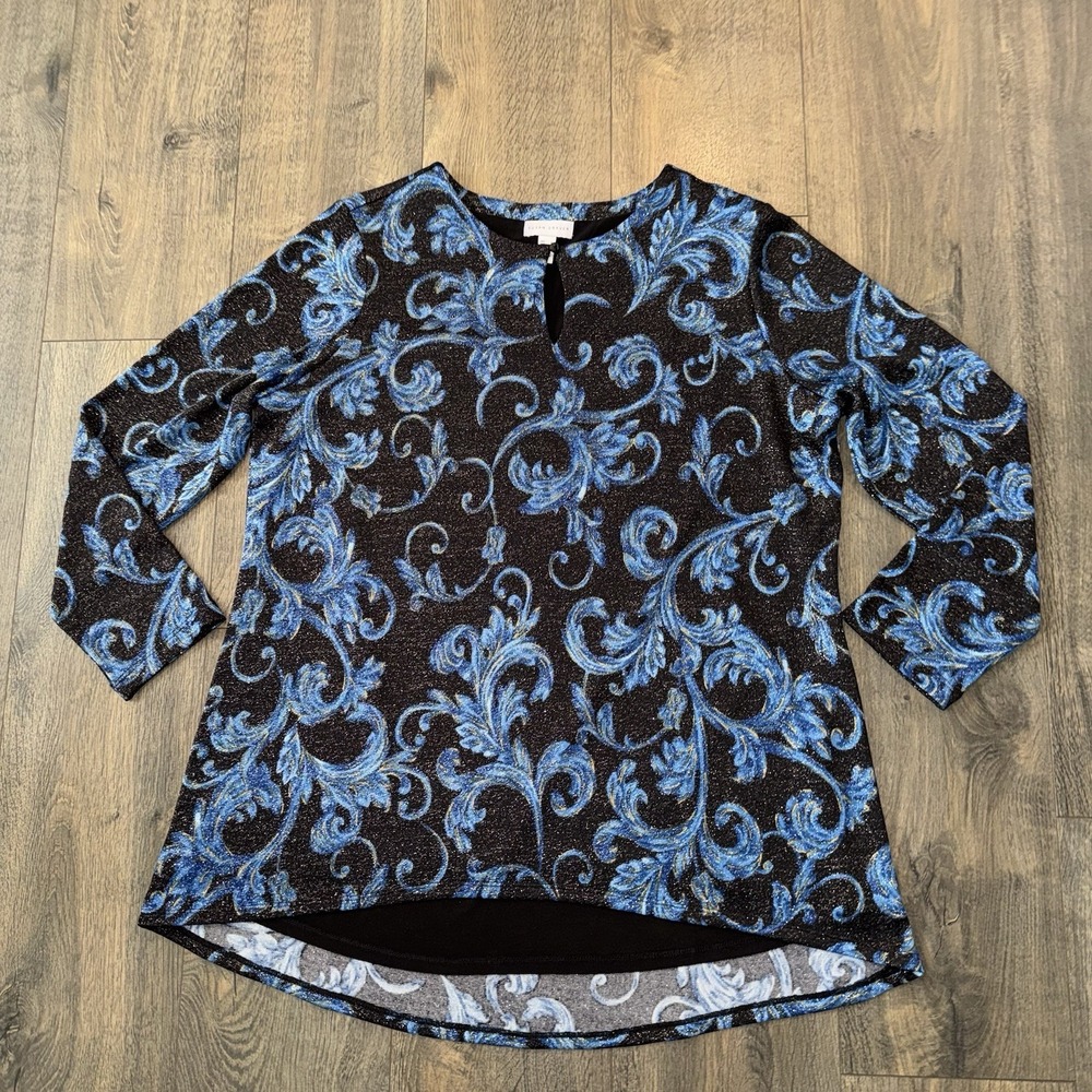 Susan Graver Women's L Boho Top Black Blue Glitter Paisley Lined Long Sleeve